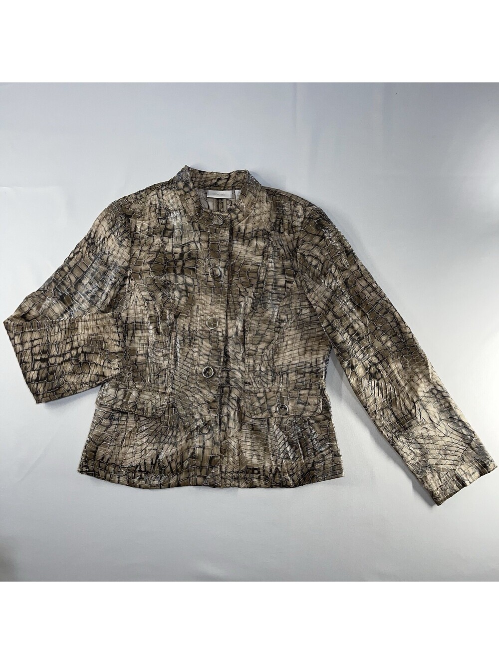 Chicos Brown Gray Snake Skin Textured Lightweight Button Front Jacket Size 1 Med